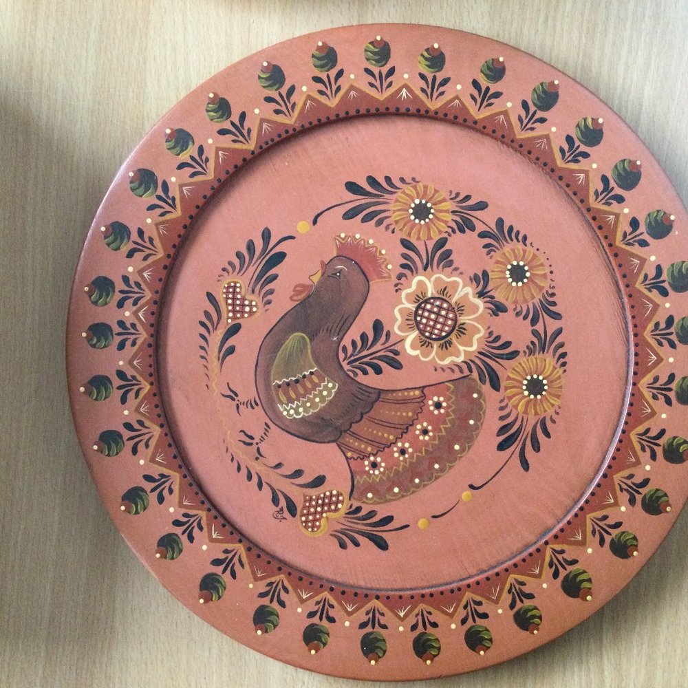 Beautiful hand painted wooden plate wall plate wall art flower and bird 11 5/8"
